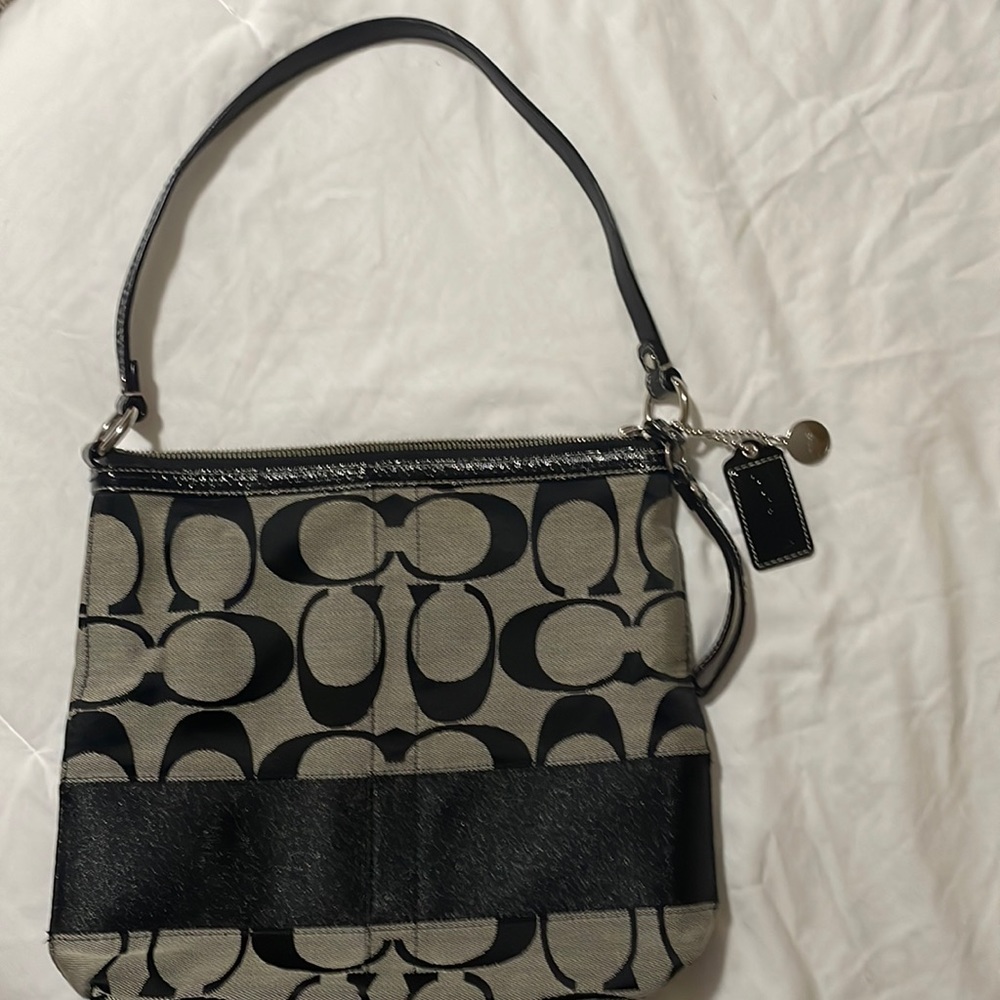 SOLD Coach Signature Gray/Black Canvas Shoulder Strap Handbag With Black Stripe